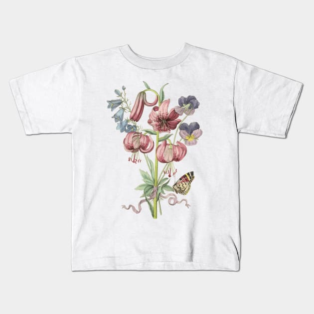 Lily Flower Bouquet with Butterfly Vintage Botanical Illustration Kids T-Shirt by Biophilia